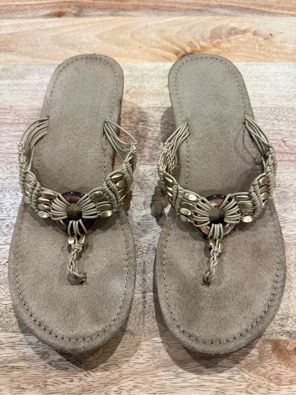 Women's Taupe Braided Ring-Accent Toe-Post Sandals